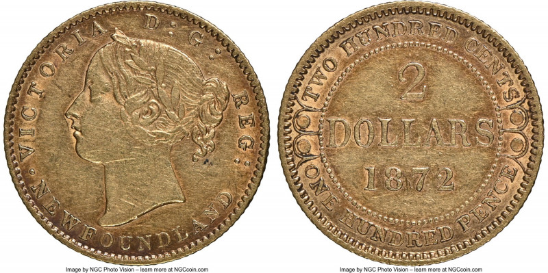 Newfoundland. Victoria gold 2 Dollars 1872 AU55 NGC, London mint, KM5. Mintage: ...