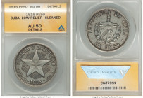 Republic "Low Relief" Star Peso 1915 AU50 Details (Cleaned) ANACS, Philadelphia mint, KM15.2. Low relief star variety. First year of type. Pearl-gray ...
