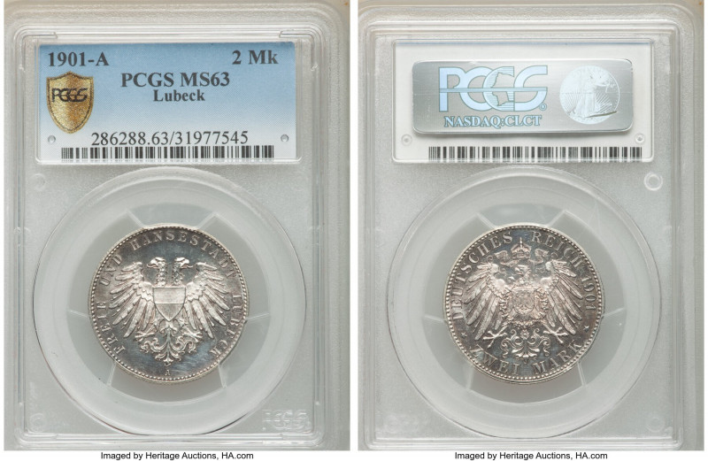 Lübeck. Free City 2 Mark 1901-A MS63 PCGS, Berlin mint, KM210. Mintage: 25,000. ...