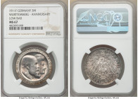 Württemberg. Wilhelm II "Wedding Anniversary" 3 Mark 1911-F MS67 NGC, Stuttgart mint, KM636, J-177a. Low bar variety. Argent, concord and gold toned. ...