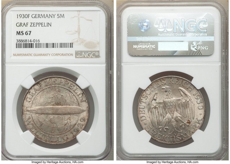 Weimar Republic "Zeppelin" 5 Mark 1930-F MS67 NGC, Stuttgart mint, KM68. Commemo...