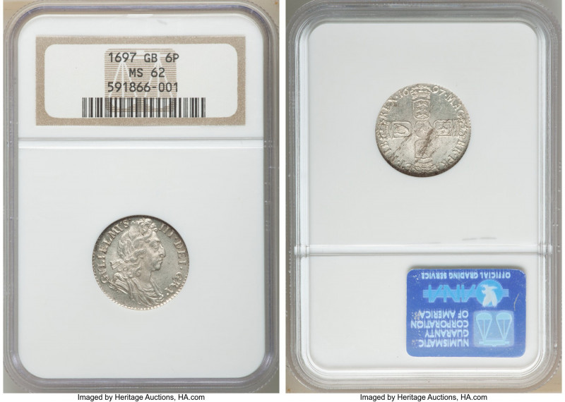 William III 6 Pence 1697 MS62 NGC, KM496.1, S-3538. Conservatively graded, argen...