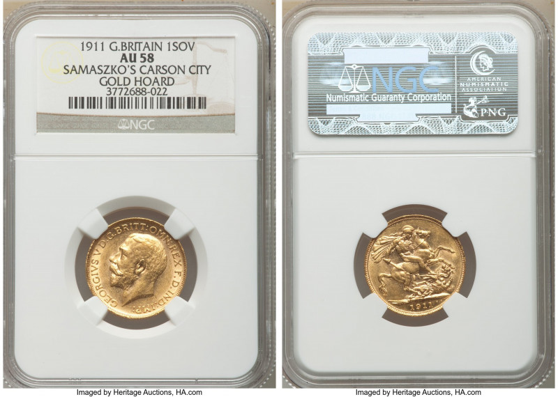 George V gold Sovereign 1911 AU58 NGC, KM820. AGW 0.2355 oz. Ex. Samaszko's Cars...