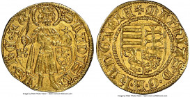 Matthias Corvinus (1458-1490) gold Goldgulden ND (1461-1462) AU58 NGC, Kremnitz mint, Fr-20, Husz-674, Lengyel-36/4. 3.42gm. An appreciable early Hung...