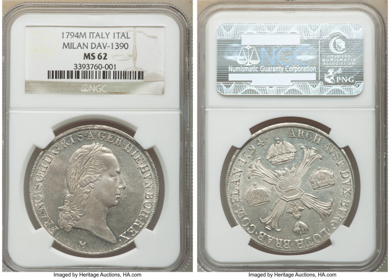 Milan. Franz II Crocione (Kronentaler) 1794-M MS62 NGC, Milan mint, KM239, Dav-1...