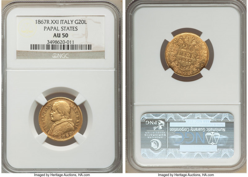 Papal States. Pius IX gold 20 Lire Anno XXI (1867)-R AU50 NGC, Rome mint, KM1382...