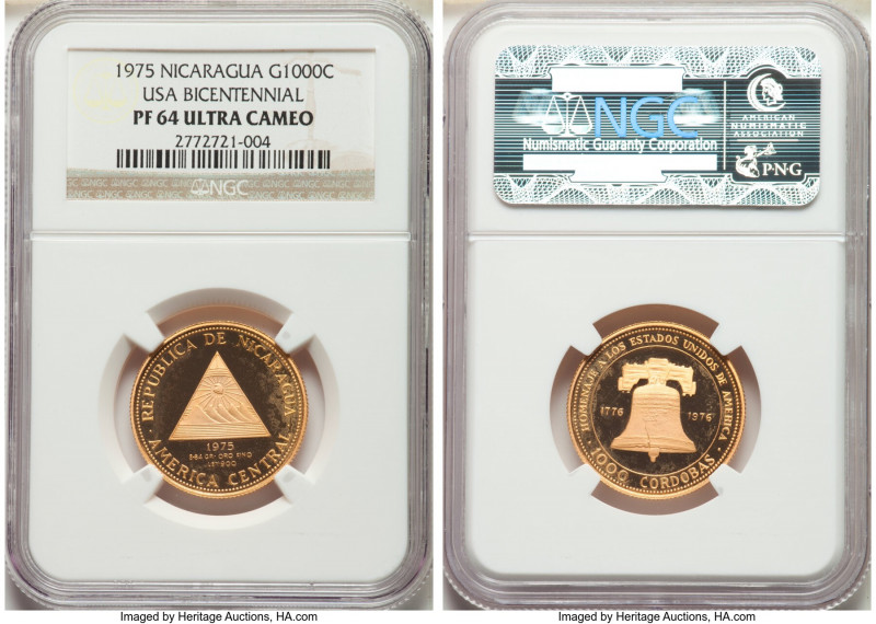 Republic gold Proof "USA Bicentennial" 1000 Cordobas 1975 PR64 Ultra Cameo NGC, ...