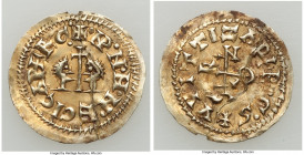 Visigoths. Egica & Wittiza gold Tremissis ND (694/5-702) AU (Broken & Repaired), Gerunda (Girona) mint, Cay-439, Miles-461d, CNV-588.1 (R; this coin)....
