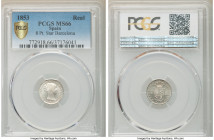 Isabel II Real 1853 MS66 PCGS, Barcelona mint (8 point Star mm), KM598.1, Cal-276. A precious example of one of Isabell's smallest denominations in si...