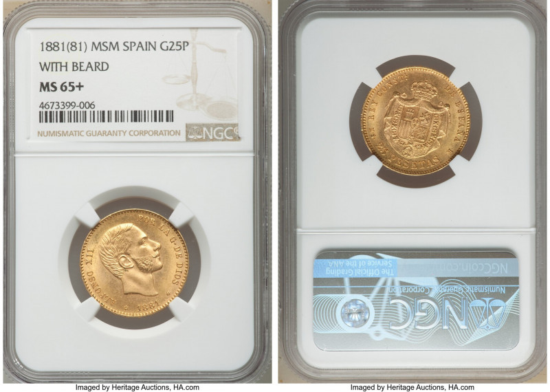 Alfonso XII gold 25 Pesetas 1881(81) MS-M MS65+ NGC, Madrid mint, KM687. With be...