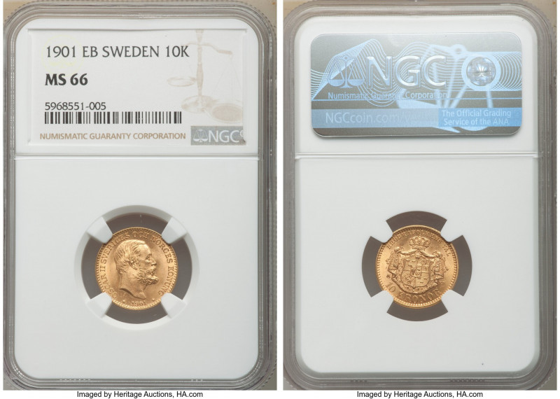 Oscar II gold 10 Kronor 1901-EB MS66 NGC, KM767. Rose-gold toning on satin surfa...