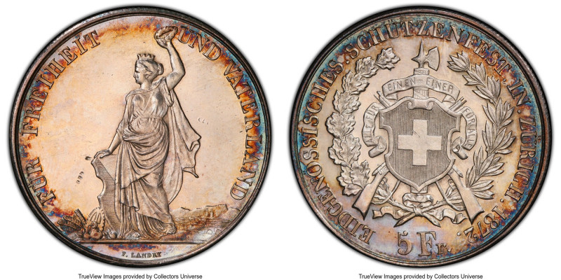 Confederation "Zurich Shooting Festival" 5 Francs 1872 MS62 PCGS, KM-XS11, Richt...