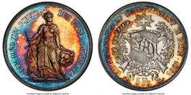 Confederation "Bern Shooting Festival" 5 Francs 1885 MS65 PCGS, KM-XS17, Richter-193. Beautiful red-orange centers with border of neon blue toning. 
...
