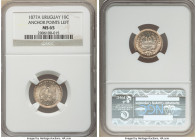 Republic 10 Centesimos 1877-A MS65 NGC, Uruguay mint, KM14. Anchor (privy mark) points left. Fully struck, whirling luster with saffron toning. 

HI...