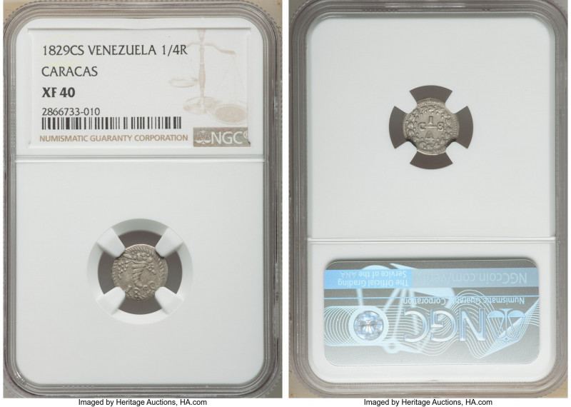 Caracas 1/4 Real 1829-CS XF40 NGC, Caracas mint, KM-C34. Scarce type. 

HID098...