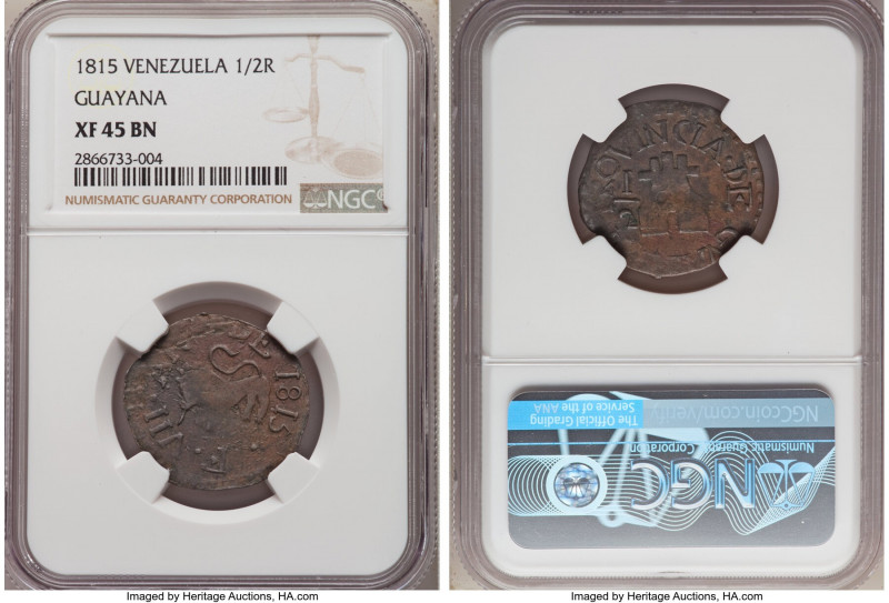 Guayana. Provincial 1/2 Real 1815 XF45 Brown NGC, KM-C41.2. Small flan type with...