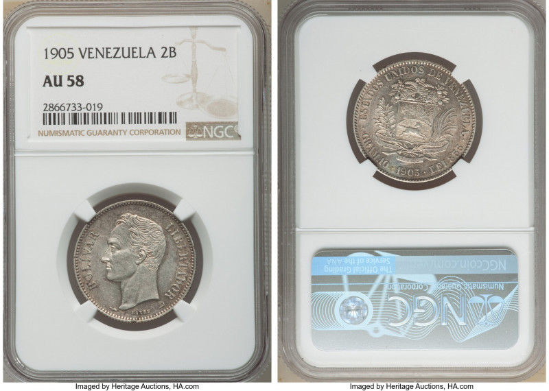 Republic 2 Bolivares 1905 AU58 NGC, KM-Y23. Upright "5" variety. 

HID09801242...