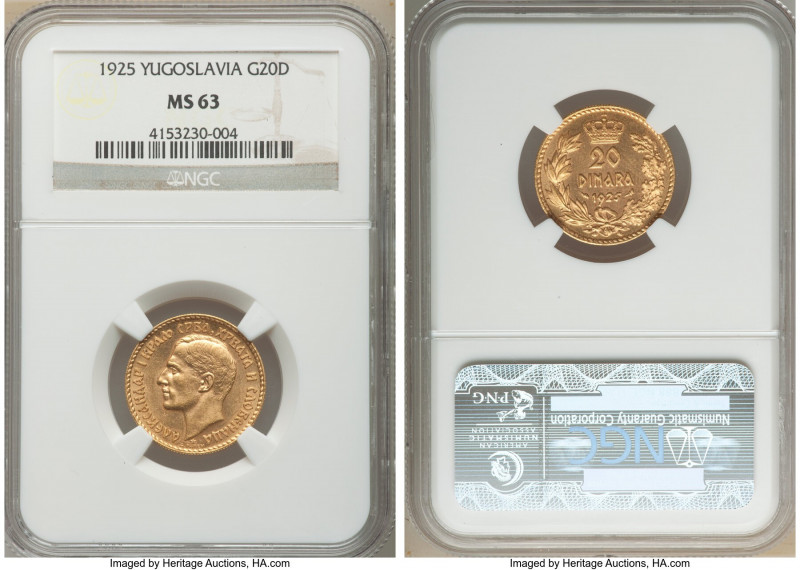 Alexander I gold 20 Dinara 1925 MS63 NGC, KM7. AGW 0.1867 oz. 

HID09801242017...