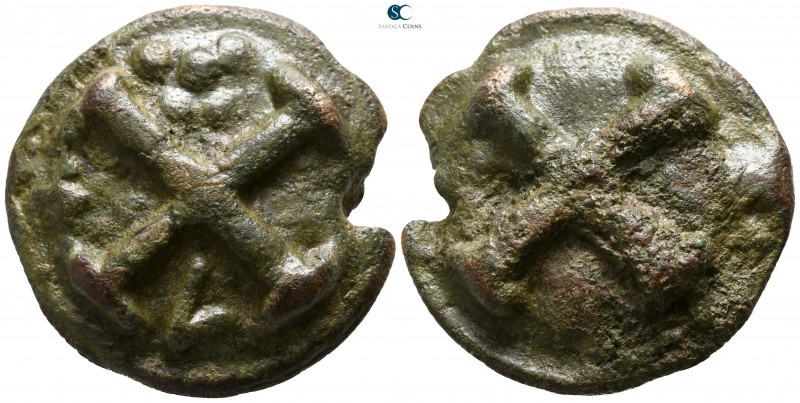 Apulia. Luceria circa 314-268 BC.
Aes Grave Quincunx

33mm., 41,72g.

Wheel...