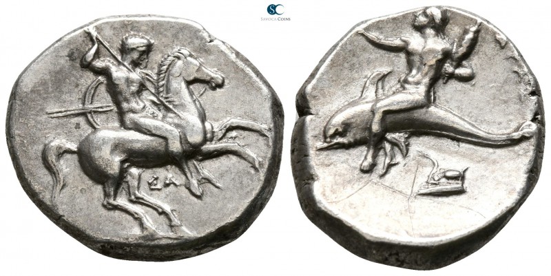 Calabria. Tarentum circa 325-281 BC.
Nomos AR

21mm., 7,77g.

Nude horseman...