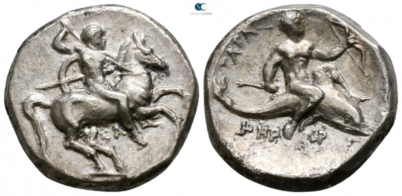 Calabria. Tarentum circa 325-281 BC.
Nomos AR

20mm., 7,78g.

Nude rider on...