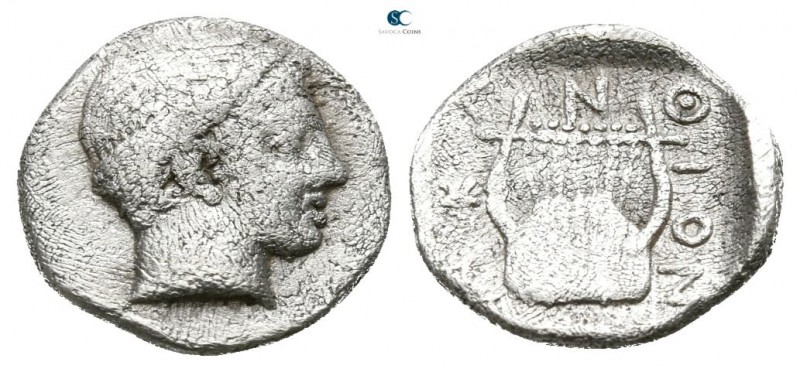 Macedon. Akanthos circa 450 BC.
Obol AR

9mm., 0,61g.

Head of Apollo right...