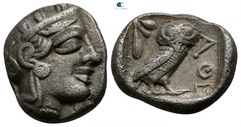 Attica. Athens circa 454-404 BC.
Drachm AR

14mm., 4,14g.

Head of Athena w...