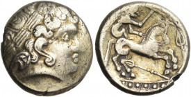 CELTIC, Northwest Gaul. Uncertain tribe. Circa 3rd-2nd century BC. Hemistater (Electrum, 16 mm, 2.84 g, 10 h), "three lances" type, imitating staters ...