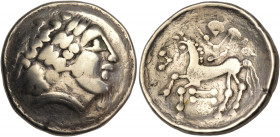 CELTIC, Central Europe. Helvetii. 2nd century BC. Stater (Electrum, 22 mm, 7.24 g, 2 h). Celticized laureate head of Apollo to right. Rev. Charioteer ...