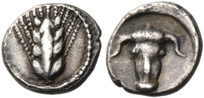 LUCANIA. Metapontum. Circa 440-430 BC. Obol (Silver, 7 mm, 0.41 g, 2 h). Ear of ...