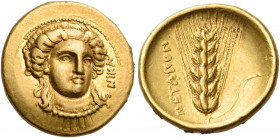 LUCANIA. Metapontum. Circa 302 BC. Third stater (Gold, 15 mm, 2.62 g, 3 h), Achaian standard. NIKA Head of Nike facing slightly to the right, her hair...