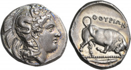 LUCANIA. Thurium. Circa 400-350 BC. Distater (Silver, 27 mm, 15.84 g, 3 h). Head of Athena to right, wearing Attic helmet adorned with Skylla to right...