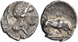 LUCANIA. Thurium. Circa 350-300 BC. Triobol (Silver, 11 mm, 1.09 g, 10 h), struck under the magistrate Ni.... Head of Athena to right wearing crested ...