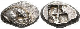 LUCANIA. Velia. Circa 535-465 BC. Drachm (Silver, 16 mm, 3.89 g). Forepart of lion to right, gnawing on stag’s leg. Rev. Quadripartite incuse square. ...