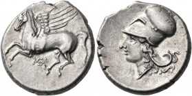 BRUTTIUM. Medma. 4th century BC. Stater (Silver, 21 mm, 8.53 g, 12 h). Pegasos flying to left; below, monogram of ME. Rev. Helmeted head of Athena to ...