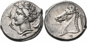 SICILY. Unlocated Punic mint. Circa 350-300 BC. Tetradrachm (Silver, 26.5 mm, 16.88 g, 11 h). Head of Tanit-Persephone to left, wearing grain wreath, ...