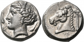 SICILY. Unlocated Punic mint. Circa 350-300 BC. Tetradrachm (Silver, 24 mm, 17.40 g, 9 h). Head of Tanit-Persephone to left, wearing grain wreath and ...