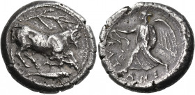 SICILY. Katane. Circa 461-450 BC. Tetradrachm (Silver, 27 mm, 16.98 g, 10 h), dies engraved by the "Aetna Master". The river god Amenanos, portrayed a...
