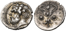 SICILY. Katane. Circa 415/3-404 BC. Litra (Silver, 13.5 mm, 0.86 g, 8 h). Head of Silenos to left, wearing ivy wreath. Rev. ΚΑΤΑΝΑΙΩΝ Winged thunderbo...