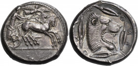 SICILY. Leontini. Circa 476-466 BC. Tetradrachm (Silver, 25 mm, 16.99 g, 7 h). Bearded charioteer driving quadriga galloping to right; above, Nike fly...