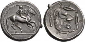 SICILY. Leontini. Circa 476-466 BC. Didrachm (Silver, 22 mm, 8.69 g, 10 h). Nude jockey on horse trotting to right. Rev. ΛEONTINON Head of lion with o...
