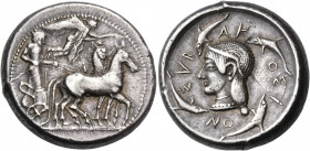 SICILY. Syracuse. Deinomenid Tyranny, 485-466 BC. Tetradrachm (Silver, 25 mm, 17.35 g, 3 h), struck under Gelon I, c. 480. Charioteer driving quadriga...