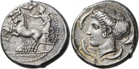 SICILY. Syracuse. Dionysios I, 405-367 BC. Tetradrachm (Silver, 26 mm, 17.31 g, 7 h), signed by the engravers Eumenes on obverse and Eukleidas on the ...