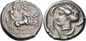 SICILY. Syracuse. Second Democracy, 466-405 BC. Tetradrachm (Silver, 25 mm, 17.22 g, 6 h), signed by the engravers Euainetos on the obverse and Euklei...
