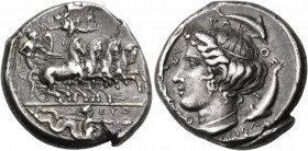 SICILY. Syracuse. Second Democracy, 466-405 BC. Tetradrachm (Silver, 25 mm, 17.30 g, 2 h), signed by the engravers Euthedemos on the obverse and Phryg...