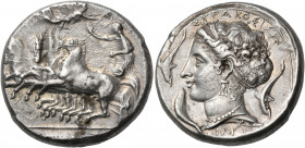 SICILY. Syracuse. Second Democracy, 466-405 BC. Tetradrachm (Silver, 26 mm, 17.33 g, 12 h), reverse die signed by the engraver Parmenides, circa 415-4...