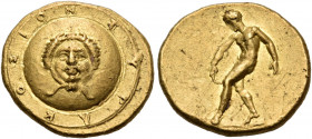 SICILY. Syracuse. Second Democracy, 466-405 BC. Tetralitron (Gold, 14.5 mm, 3.50 g, 5 h), c. 406. ΣΥΡΑΚΟΣΙOΝ around the rim of a circular shield, at t...