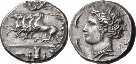 SICILY. Syracuse. Second Democracy, 466-405 BC. Dekadrachm (Silver, 36 mm, 42.56 g, 6 h), Signed by the engraver Euainetos, circa 405-400 BC. Quadriga...