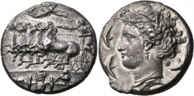 SICILY. Syracuse. Dionysios I, 405-367 BC. Dekadrachm (Silver, 34 mm, 42.12 g, 5 h), unsigned but in the style of Euainetos, circa 390. Charioteer, we...