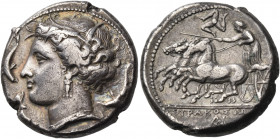 SICILY. Syracuse. Agathokles, 317-289 BC. Tetradrachm (Silver, 25 mm, 16.79 g, 1 h), circa 310-305. Wreathed head of Arethusa to left, wearing triple ...